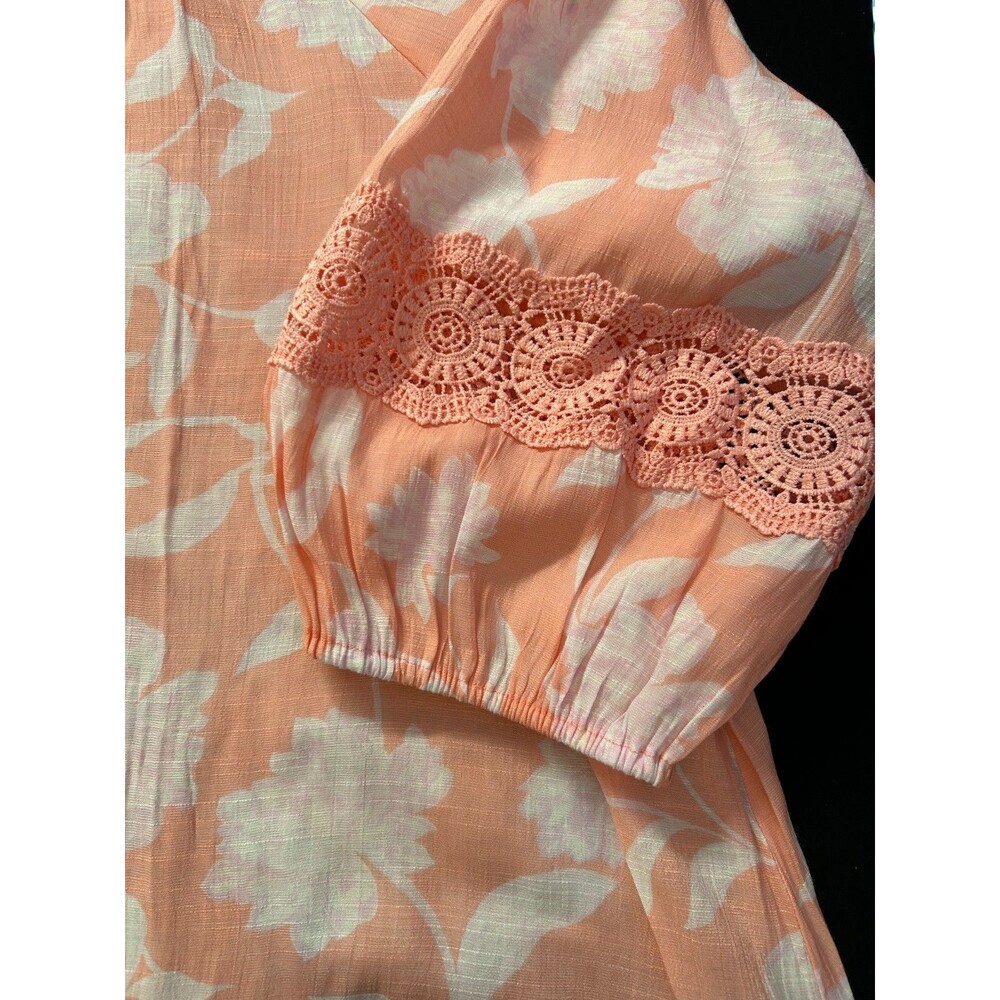NWOT Lee 3X Top Peach Floral Crochet Blouse Boho Hi-Low Cottagecore 3/4 Sleeve